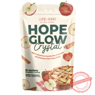 LUNA AURA Hope Glow Crystal Apple Cinnamon Kombucha Probiotic and Prebiotic Fiber Juice Drink Bloat