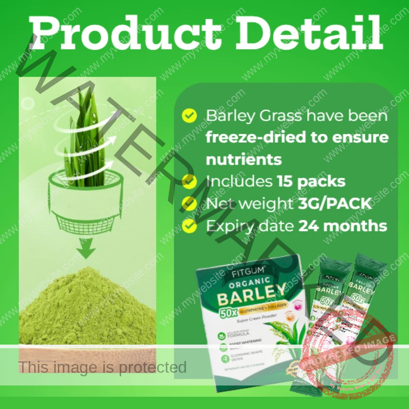 Fitgum Organic Barley Grass Powder with Glutathione and Collagen for Health and Beauty 15x Sachets - Image 2