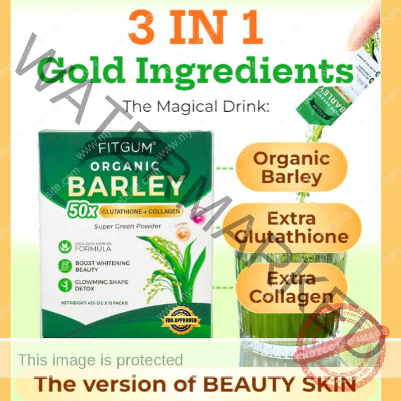 Fitgum Organic Barley Grass Powder with Glutathione and Collagen for Health and Beauty 15x Sachets