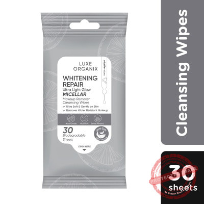 LUXE ORGANIX Whitening Repair Ultra Light Glow Micellar Makeup Remover Cleansing Wipes 30s