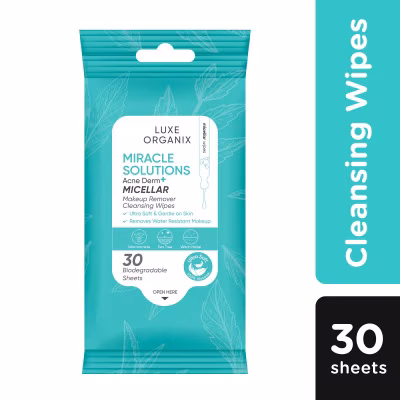 LUXE ORGANIX Miracle Solutions Acne Derm+Micellar Make Up Remover Cleansing Wipes 30s
